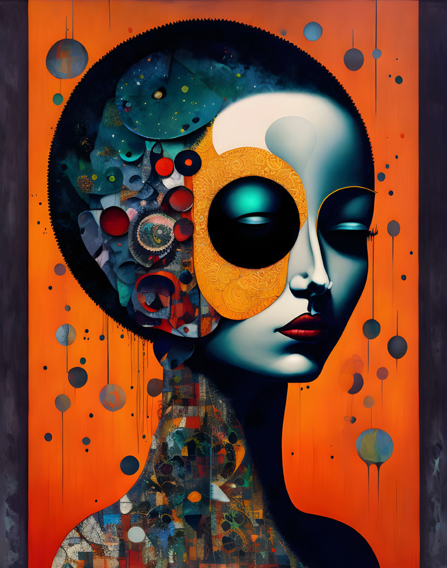 Split-face surreal portrait with cosmic patterns and shadow against orange backdrop.