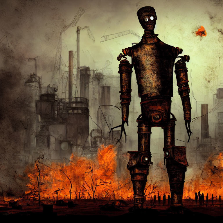 Giant robot in dystopian landscape with industrial towers and fires