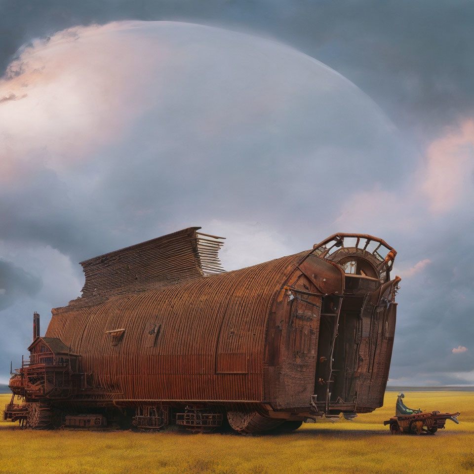 Oversized wooden barn transformed into train car on grassland under dramatic sky with giant planet.