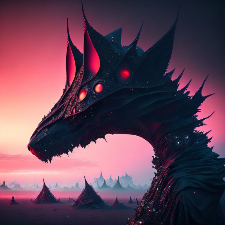 Majestic black dragon with glowing red eyes in surreal pink sky