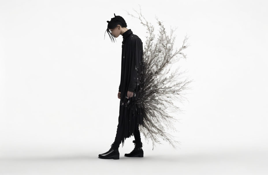 Person in Black Outfit with Branches on White Background