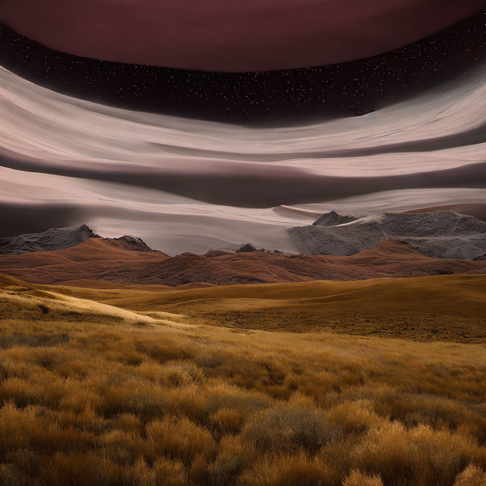 Surreal landscape with winding path, golden grasslands, dark mountains, night sky