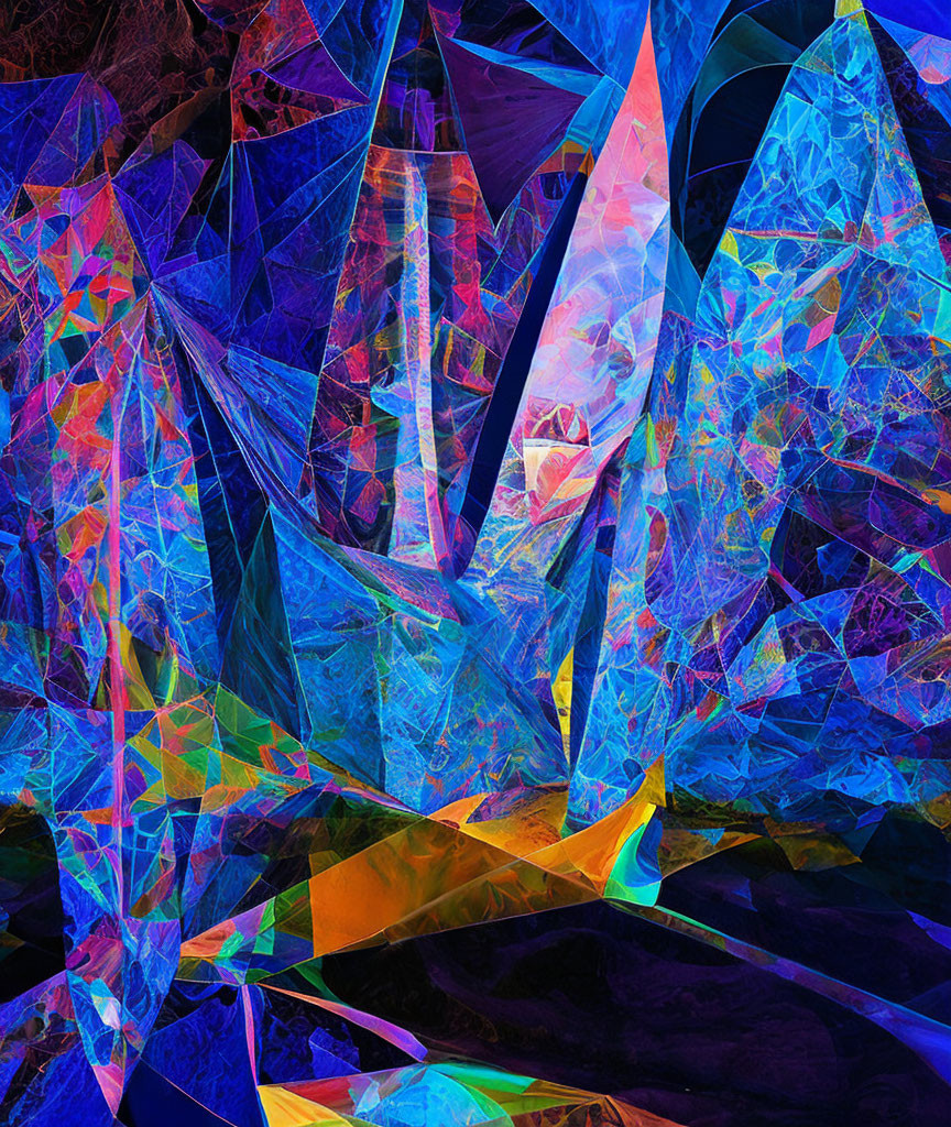 Colorful Geometric Digital Artwork with Intricate Patterns in Blues, Purples, Yell
