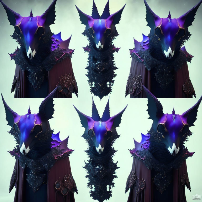 Six digital character images with dark dragon-like mask and purple highlights.