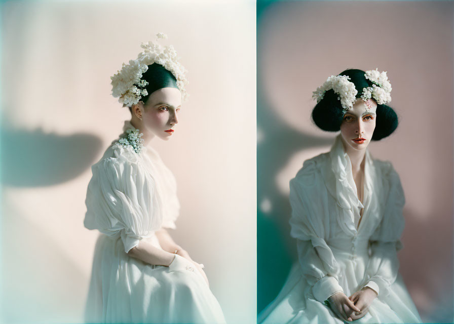 Diptych Portrait of Woman in White Floral Headpiece and Vintage Dress