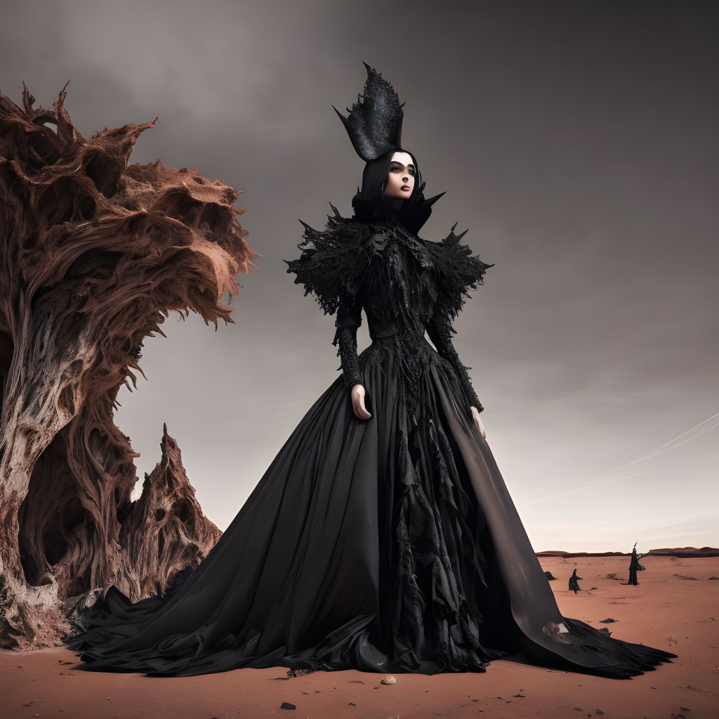 Person in elaborate black costume with feathered headdress in desert landscape.