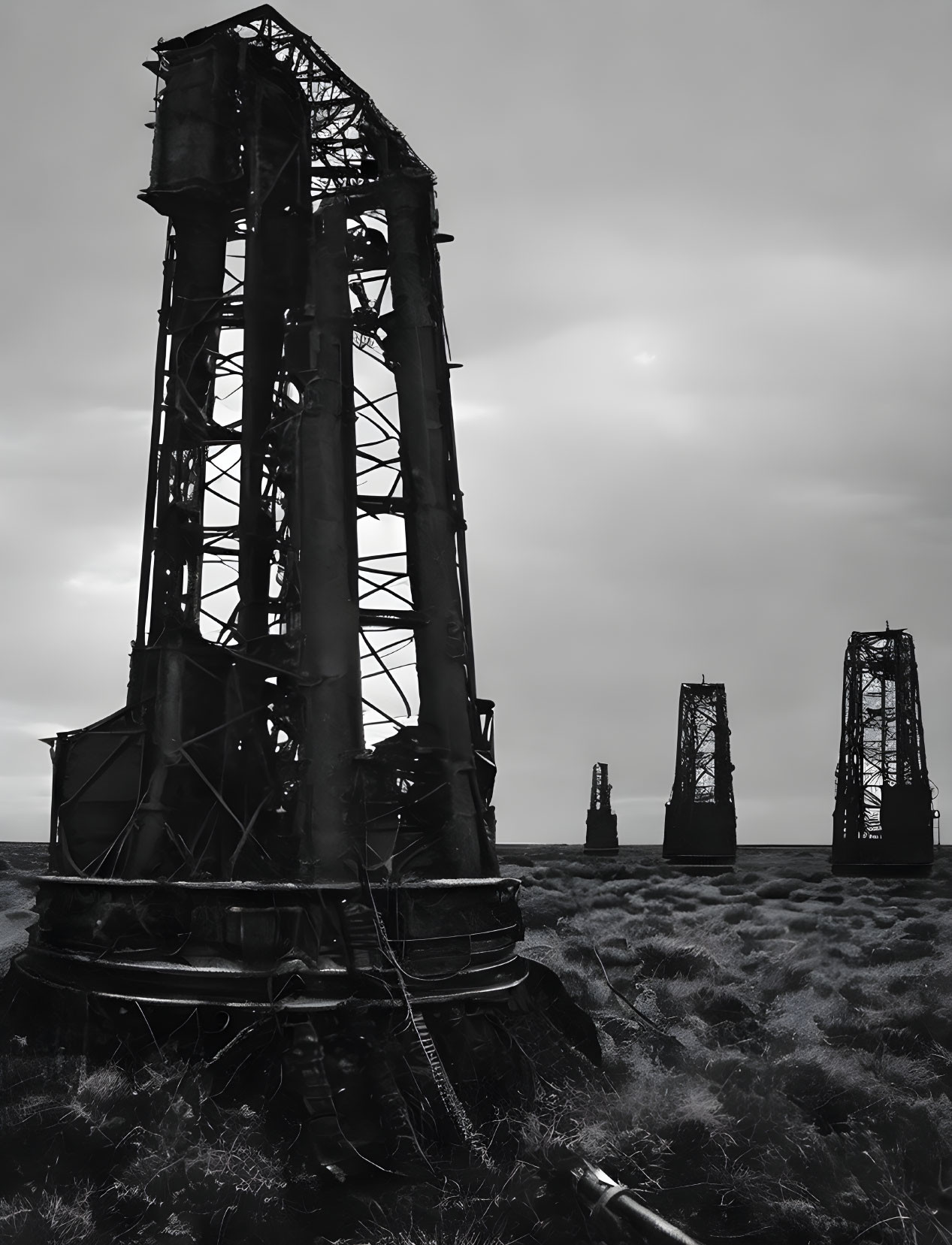 Abandoned oil derricks in bleak industrial landscape