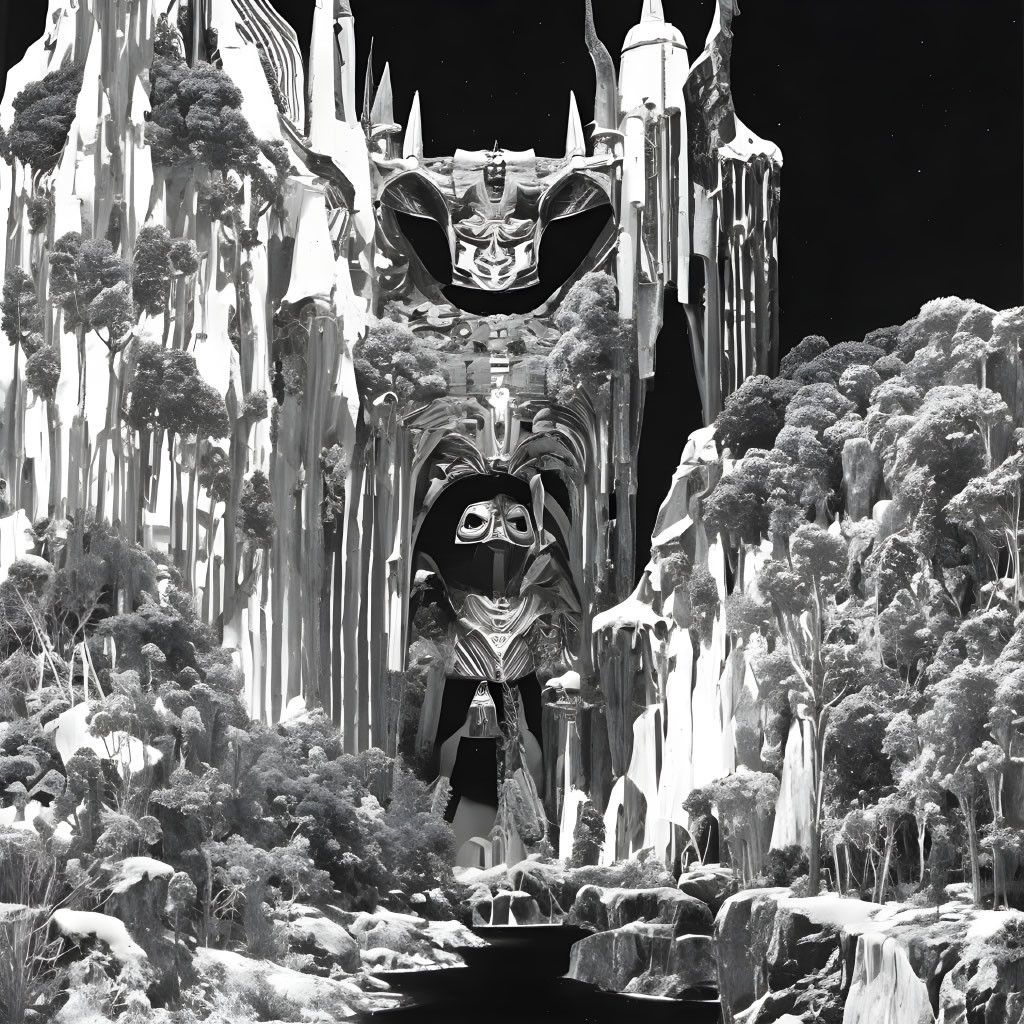 Monochrome fantasy landscape with owl-like figure, trees, and gothic structures