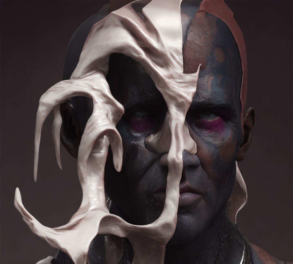 Dark-Skinned Humanoid with White Bone-Like Face Decor and Purple Eyes