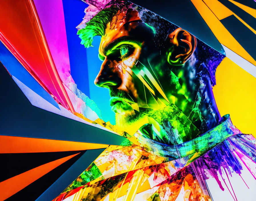 Colorful abstract portrait with geometric shapes and splatters.