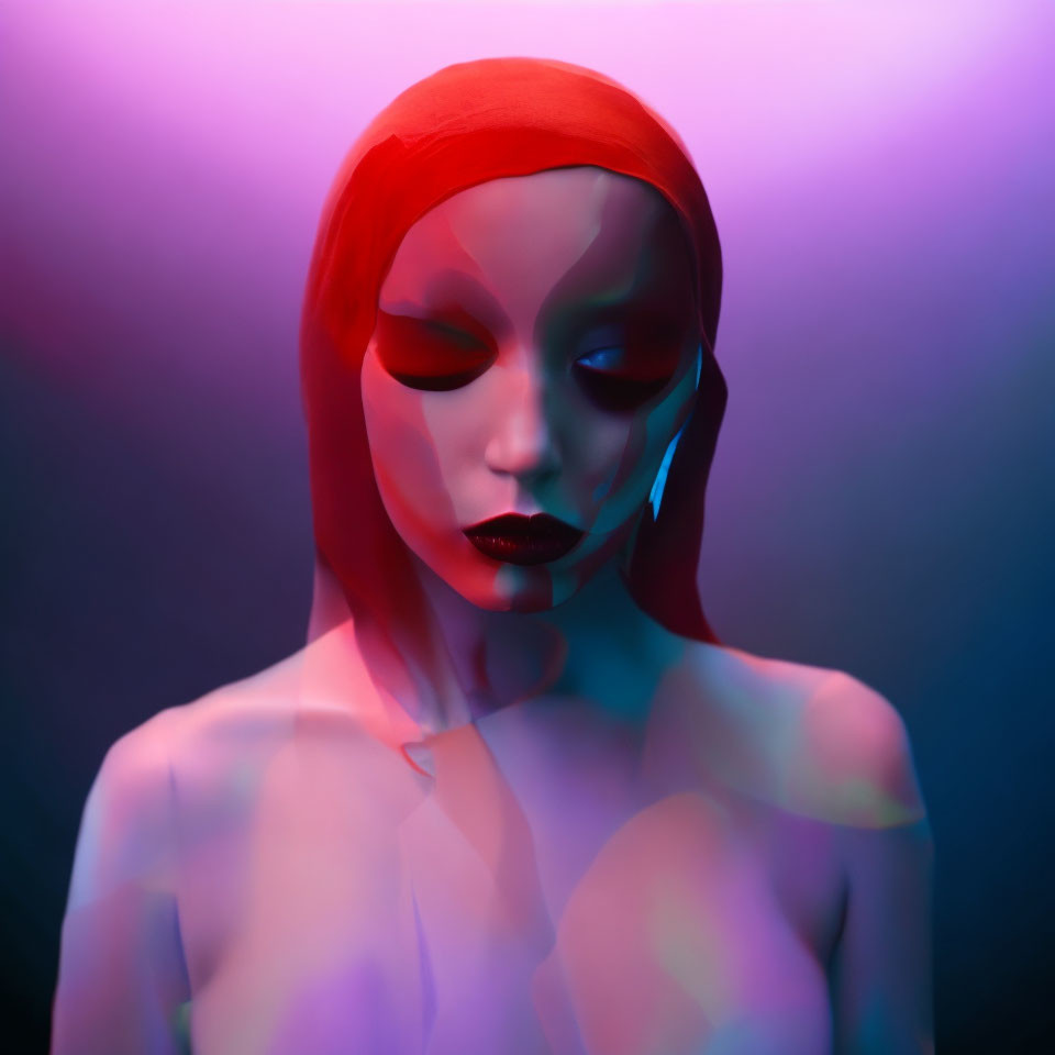 Somber person in red headscarf with bold makeup under neon lights
