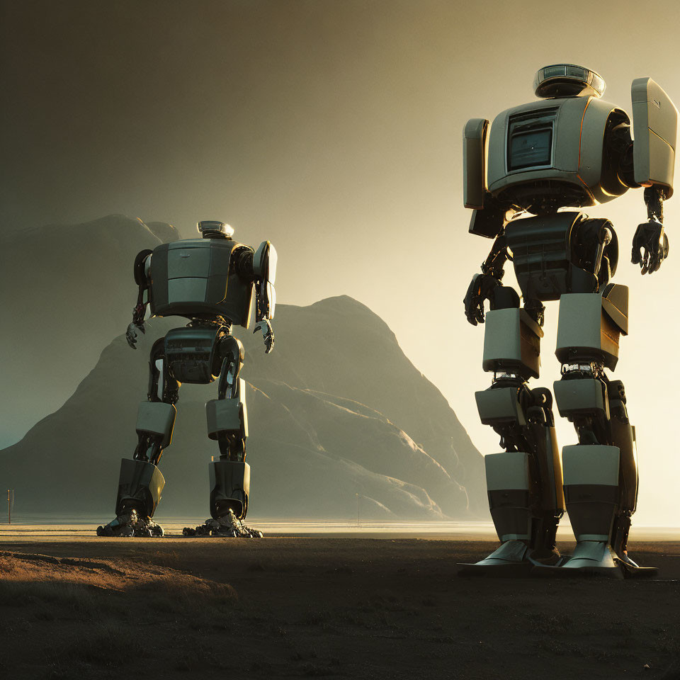 Two large humanoid robots in desert landscape at golden sunset