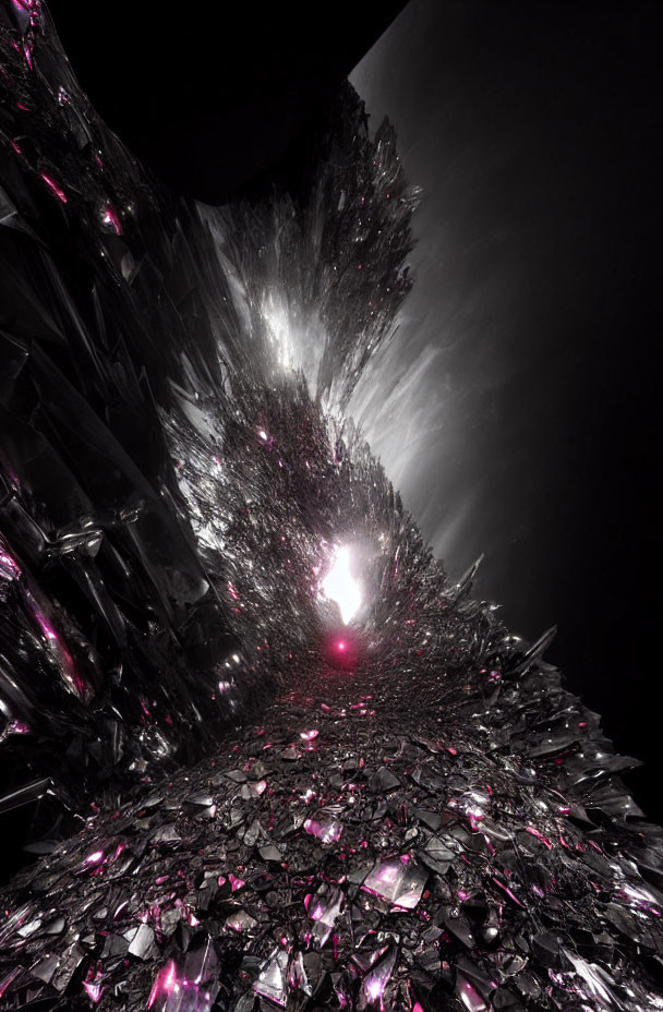Abstract image: Glowing white light in dark crystal tunnel