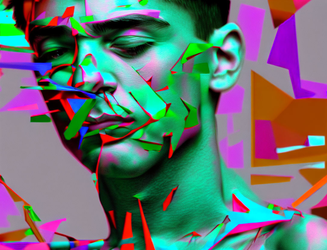 Glitch art style portrait with closed eyes and vibrant color distortions