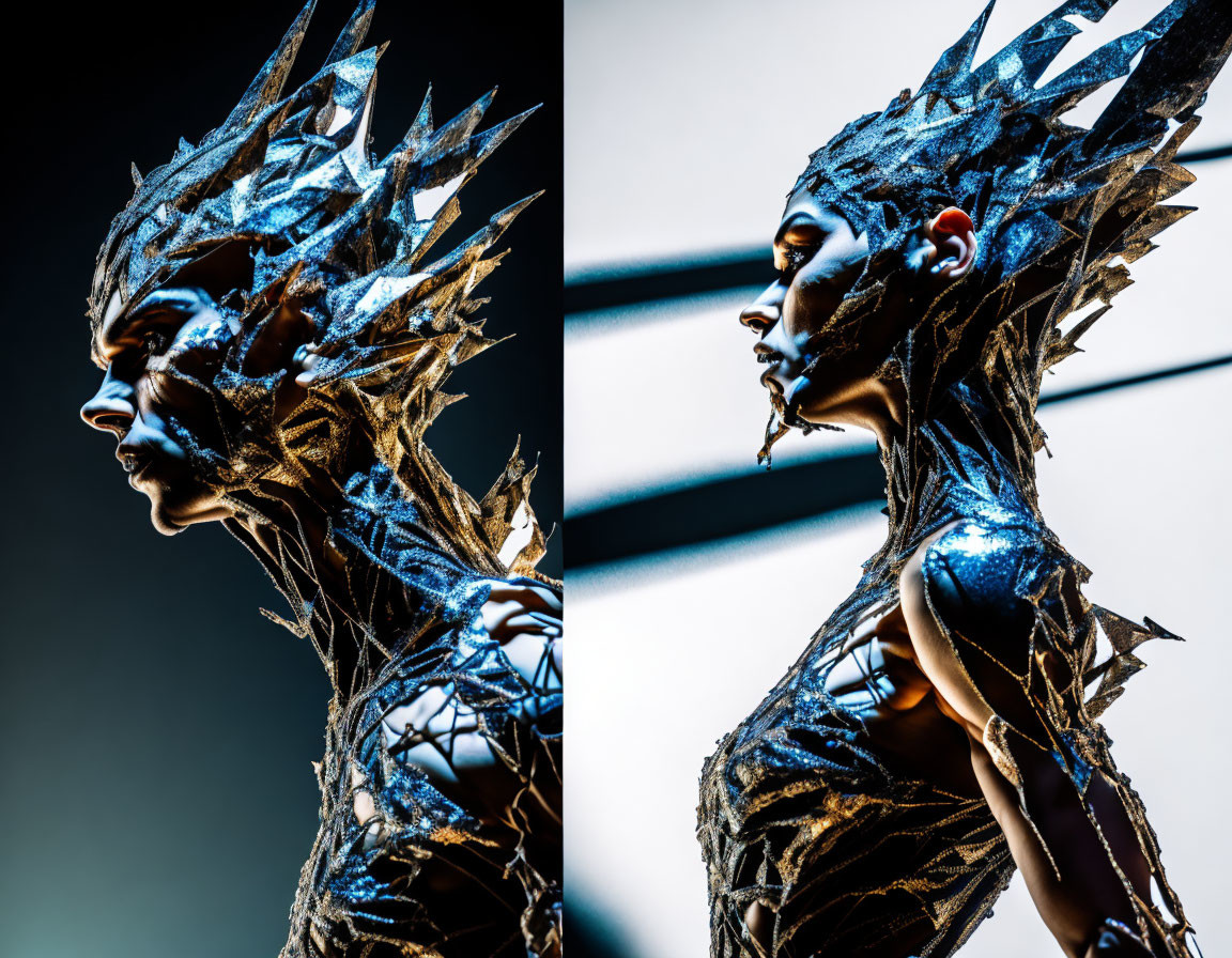 Split image of person with intricate, spiky headpiece and makeup as fantastical icy creature against