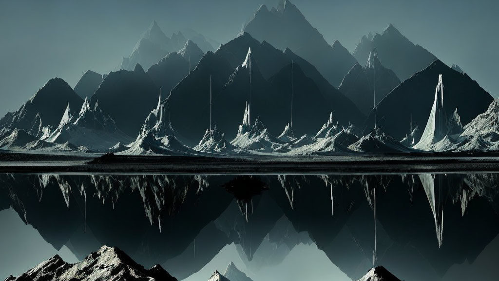 Jagged mountains reflected in serene water under dusky sky