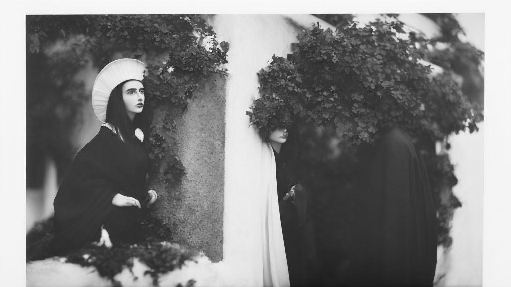 Black and White Photograph of Nuns in Habits by Wall
