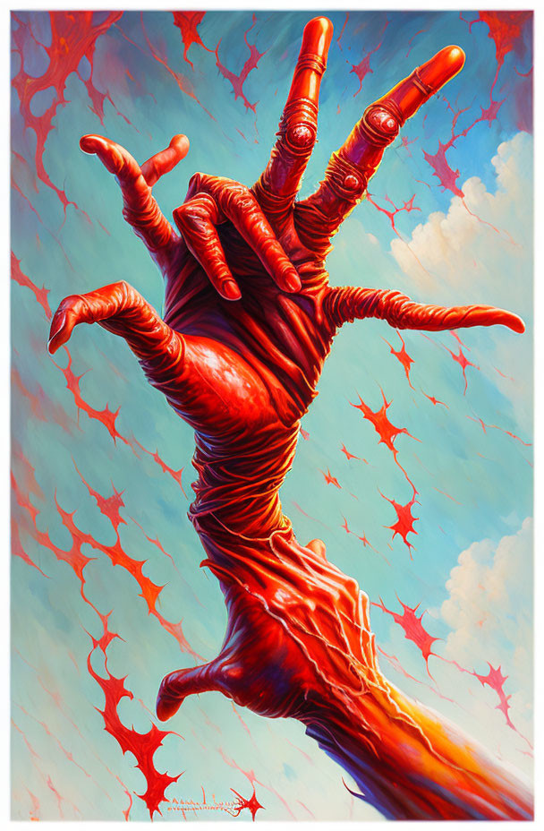Colorful surreal artwork of a red hand against a blue and pink sky with splattered red accents