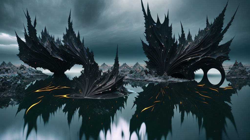 Dark Spiky Wing-like Structures Reflecting on Water in Surreal Landscape