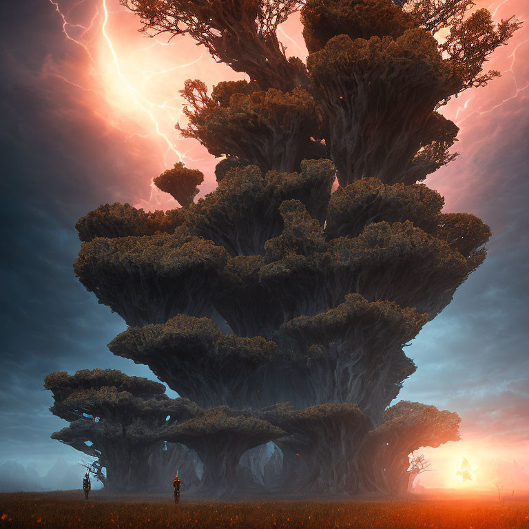 Fantastical image: towering trees, dramatic sky, lightning, two figures