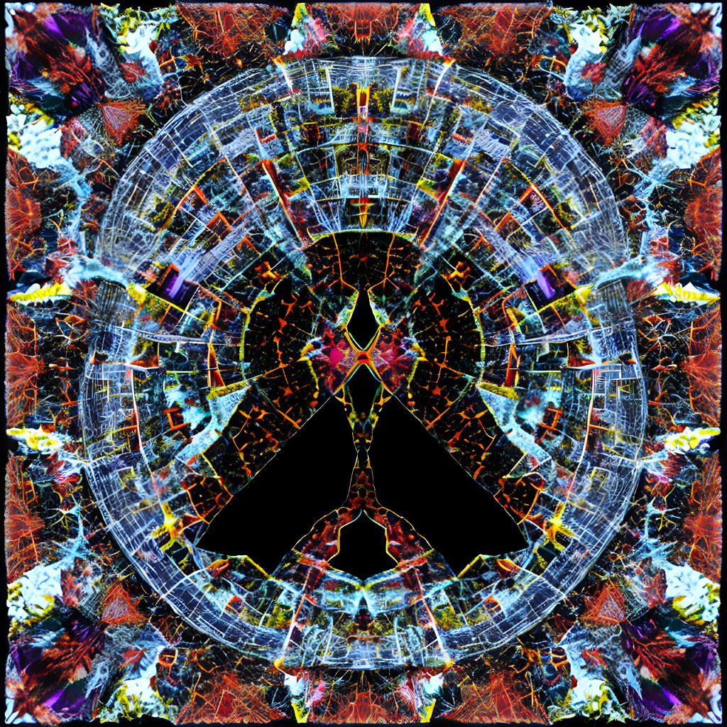 Vivid symmetrical digital fractal design with circular kaleidoscopic patterns