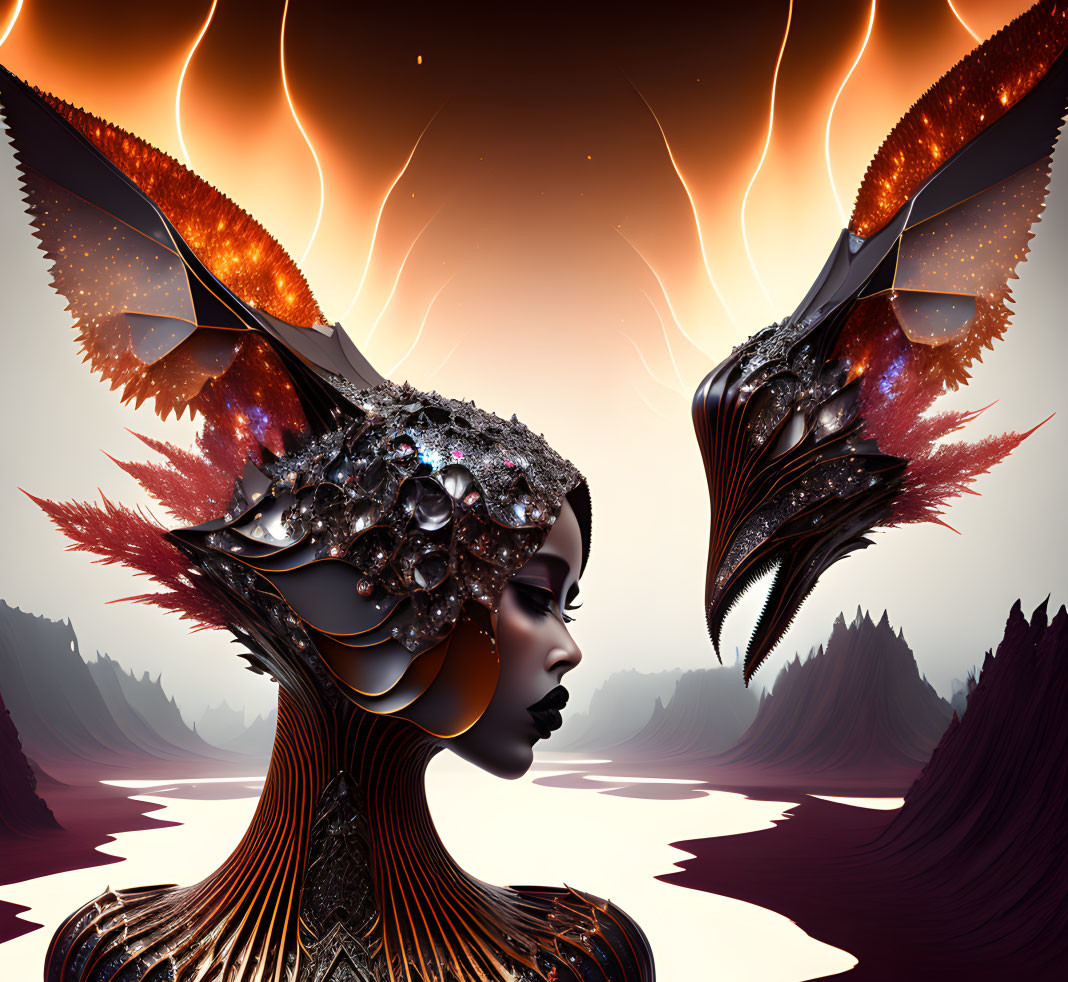Symmetrical fantasy figures with fiery winged headpieces in surreal landscape