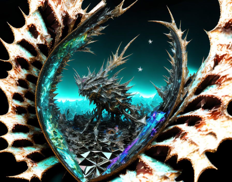 Colorful fractal art: dragon-like figure surrounded by thorny outlines in cosmic teal backdrop.