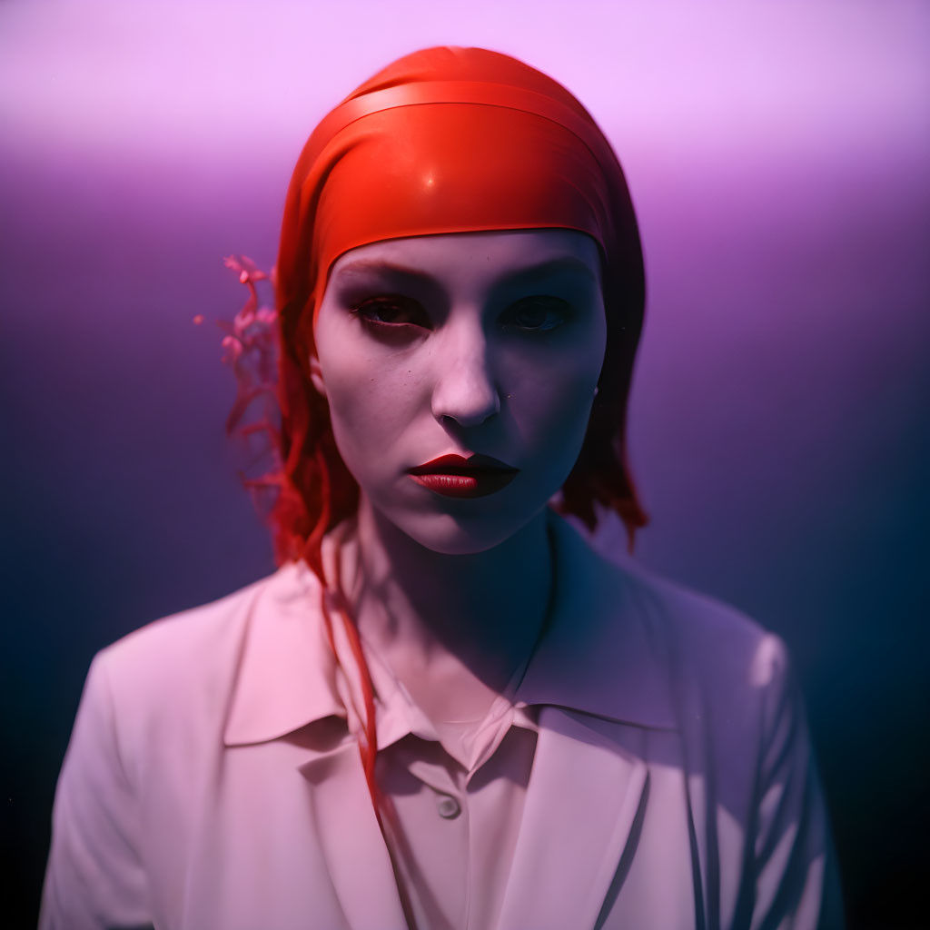 Person in Red Headscarf and Dark Lipstick Under Red and Blue Lighting