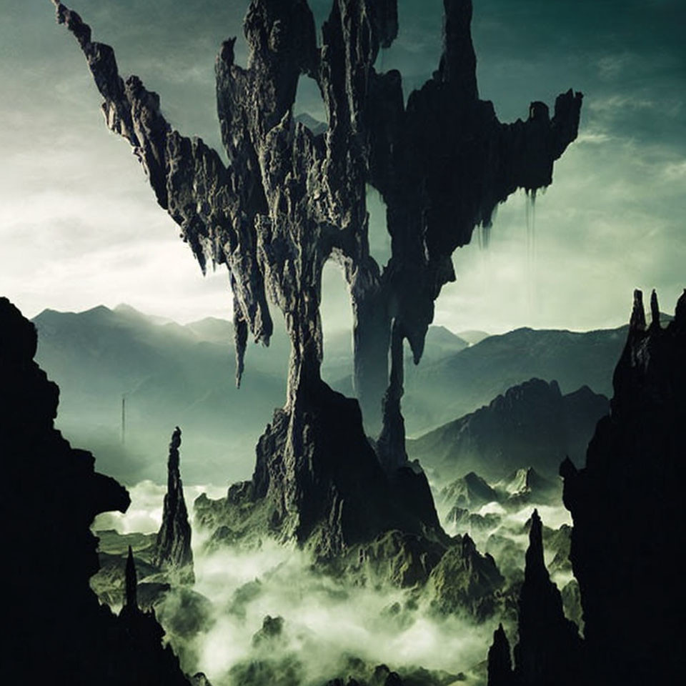 Majestic mist-covered rocky landscape with towering formations