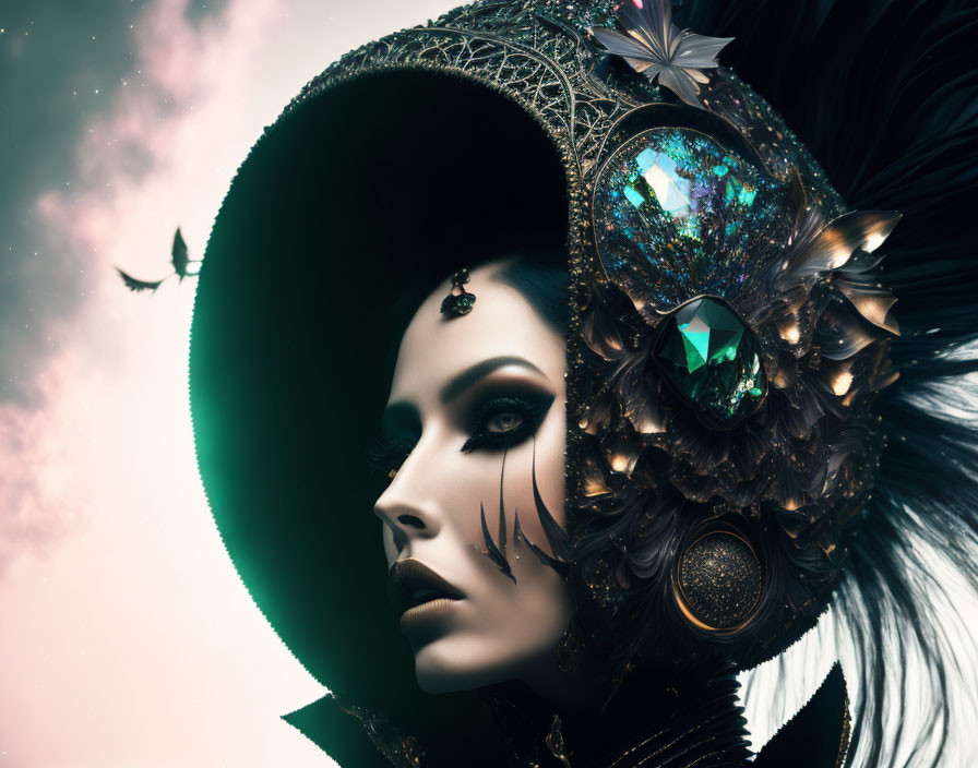 Mysterious woman in ornate black headdress against hazy sky with birds