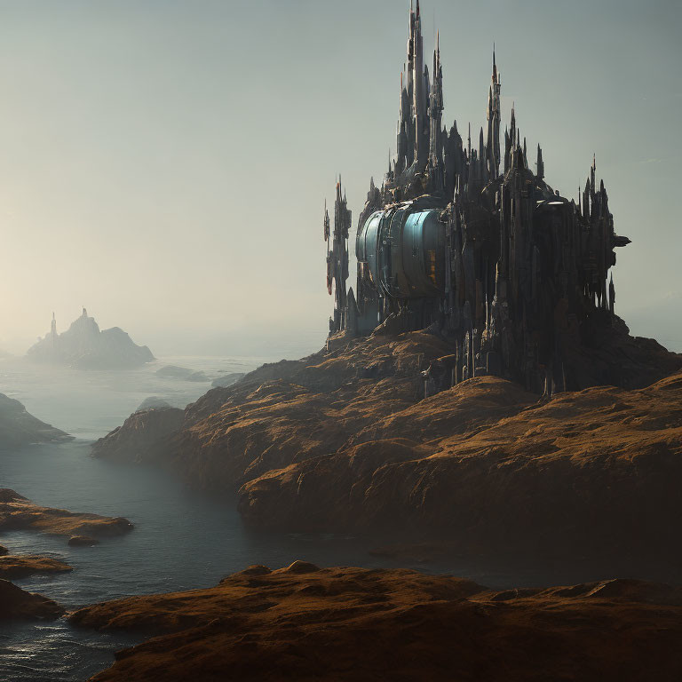 Futuristic castle on rugged coastline under hazy sky