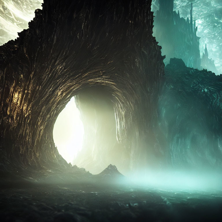Glowing entrance and eerie mist in dark cavern