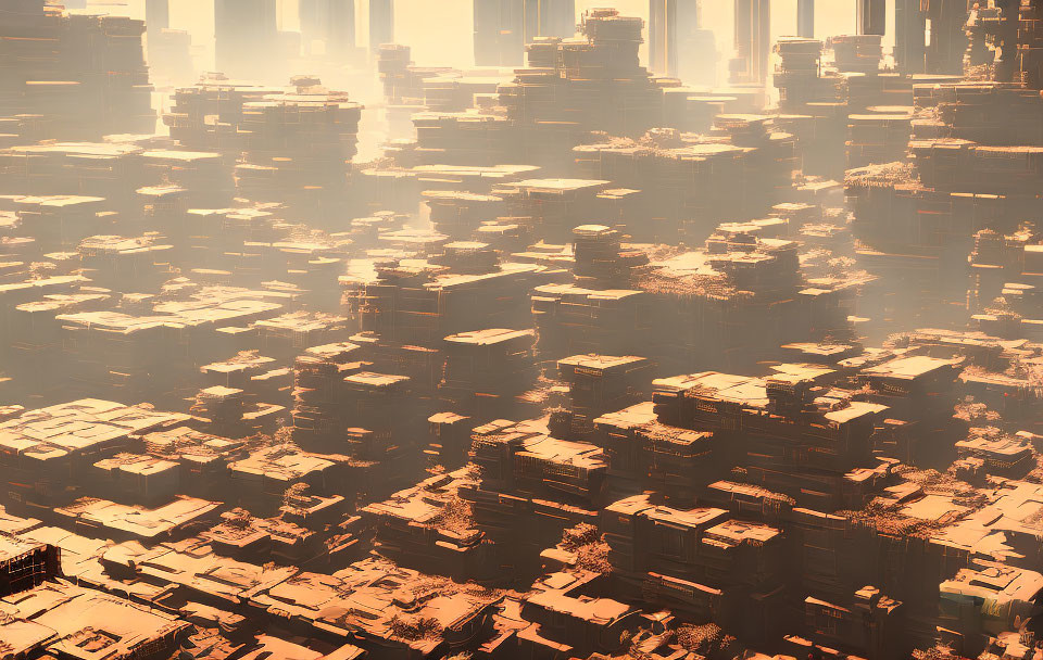 Layered Cube-like Structures in Warm Golden Light: Futuristic Cityscape