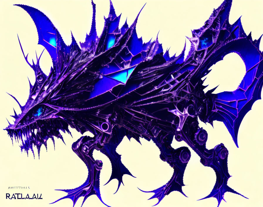 Vibrant digital artwork: Mechanical dragon with sharp edges and blue hues