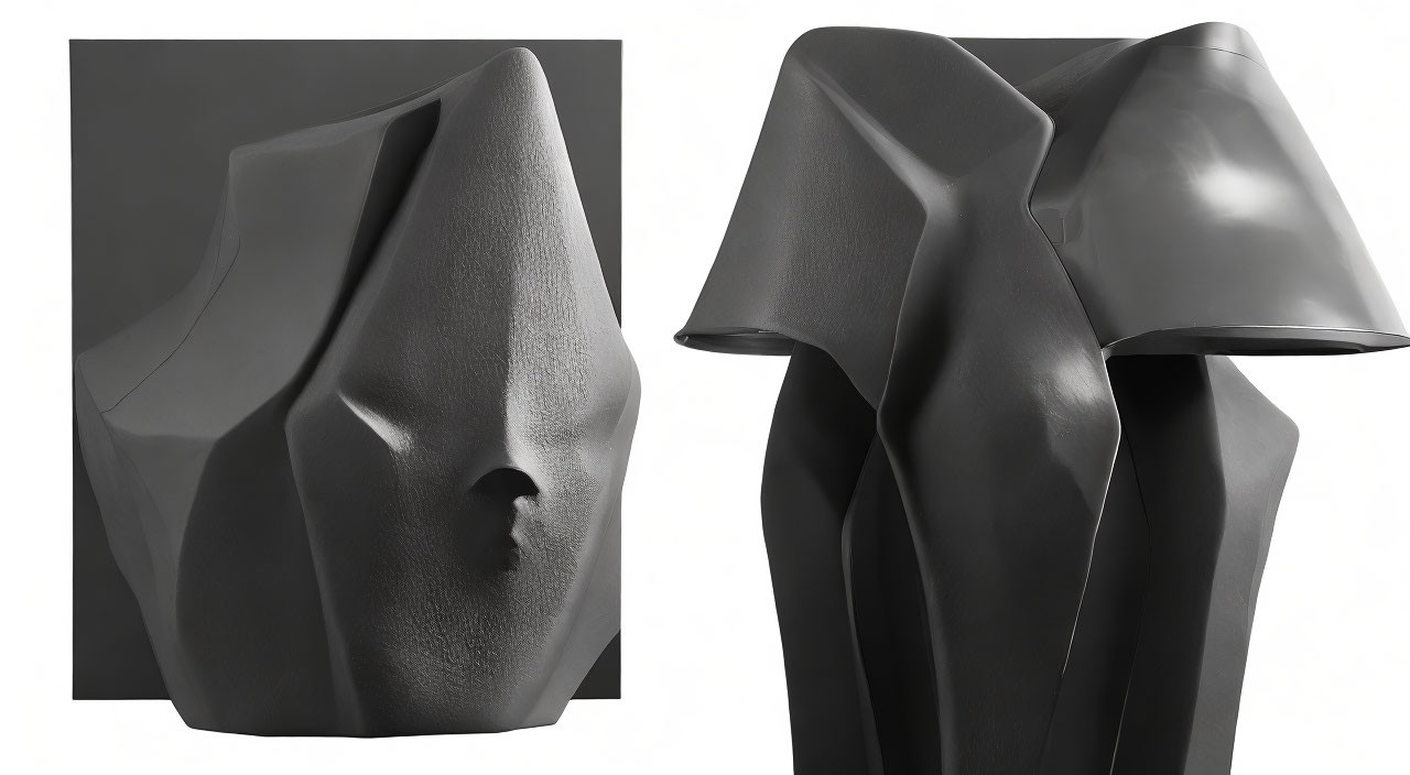 Abstract grayscale sculpture featuring human-like facial features emerging from flowing form