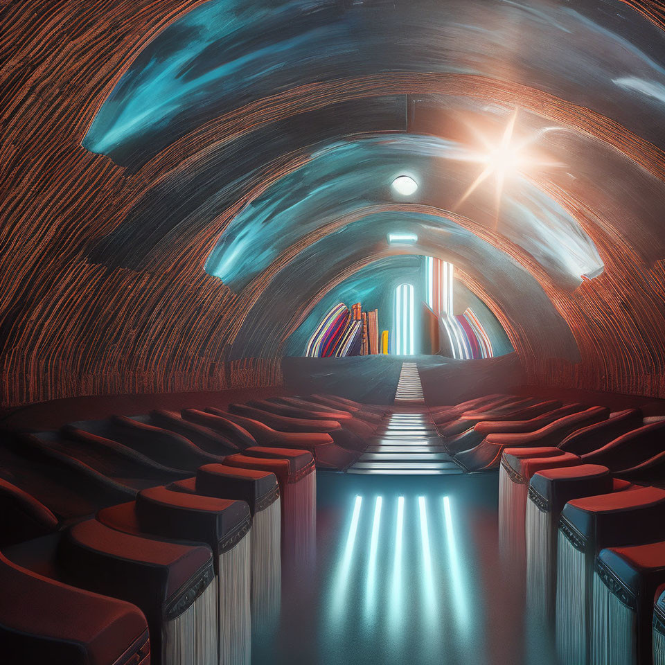 Futuristic illuminated tunnel with rows of seats and bright light at the end