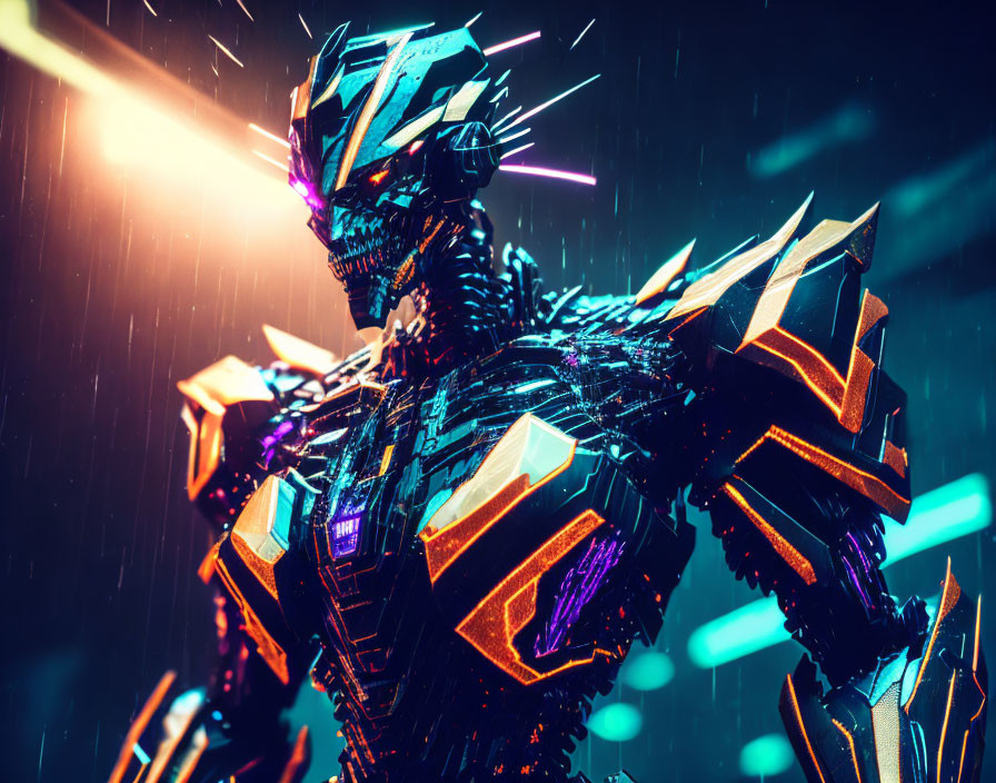 Futuristic robot with intricate armor in dynamic lighting and rain