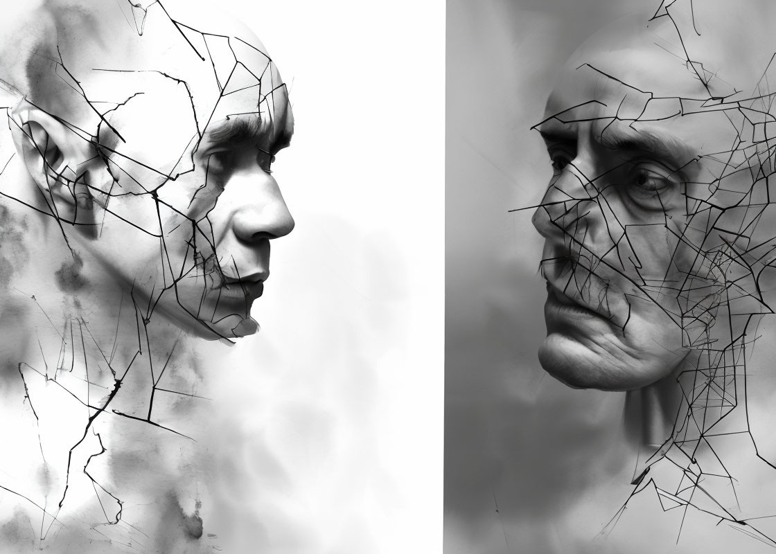 Monochrome side-profile portraits with cracked line fractures on smoke-like background