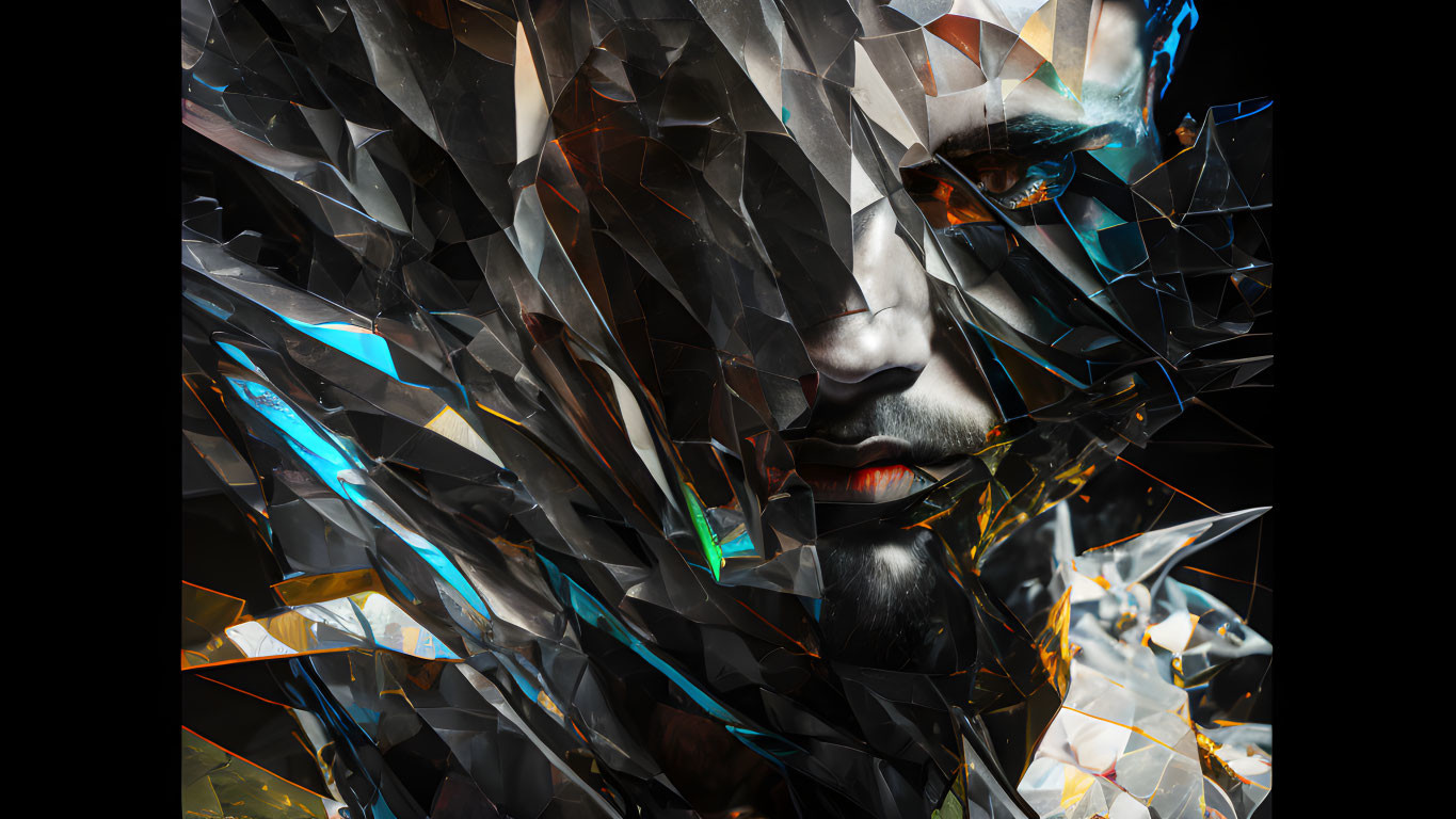 Digital Art Portrait Featuring Human Face with Shattered Geometric Shapes in Blue and Orange