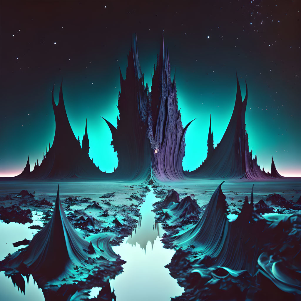 Surreal landscape with sharp peaks under starry sky and glossy surface