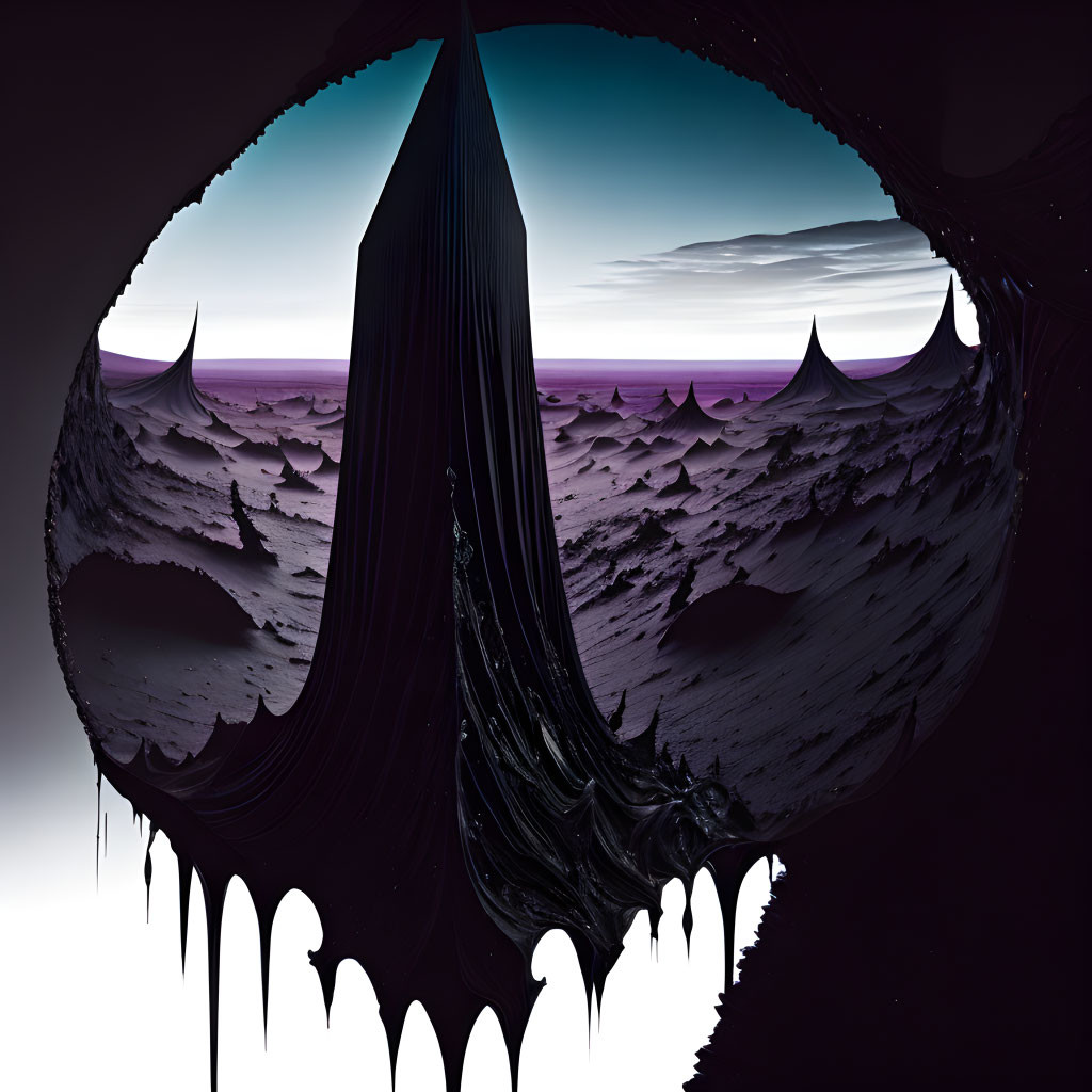 Surreal landscape with central spire in purple terrain