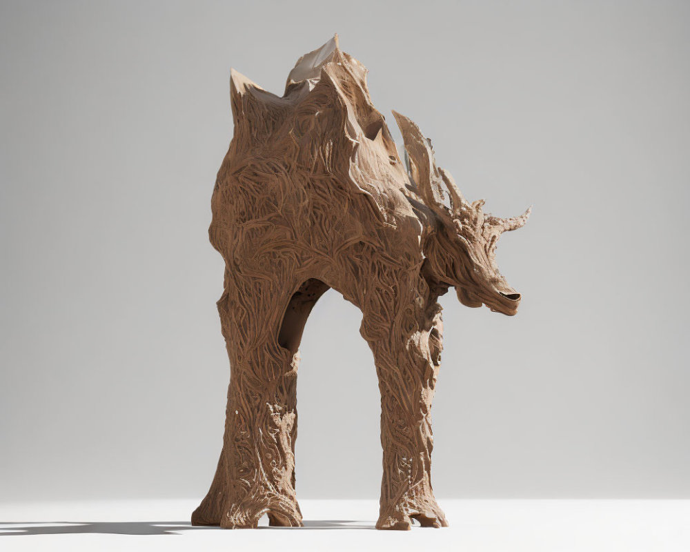 Intricately textured wooden rhinoceros sculpture in neutral-toned space