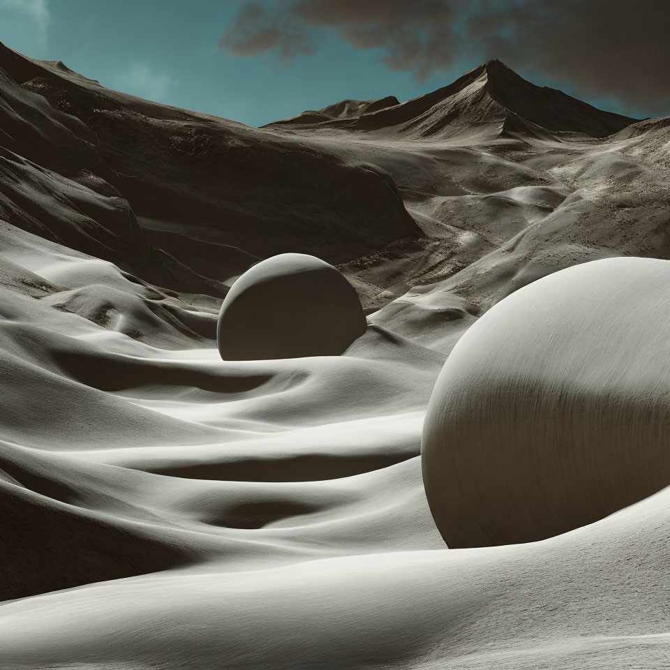Snow-covered hills and spherical objects in barren landscape under dramatic sky