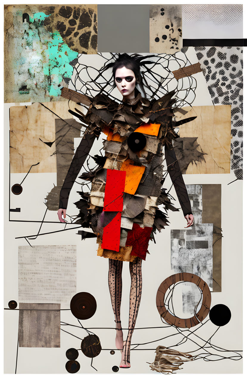 Abstract collage of woman with dramatic makeup and textured dress surrounded by geometric and organic shapes.