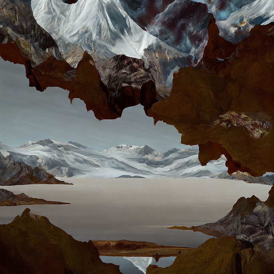 Surreal Landscape: Upside-Down Mirrored Earthy Tones & Icy Peaks