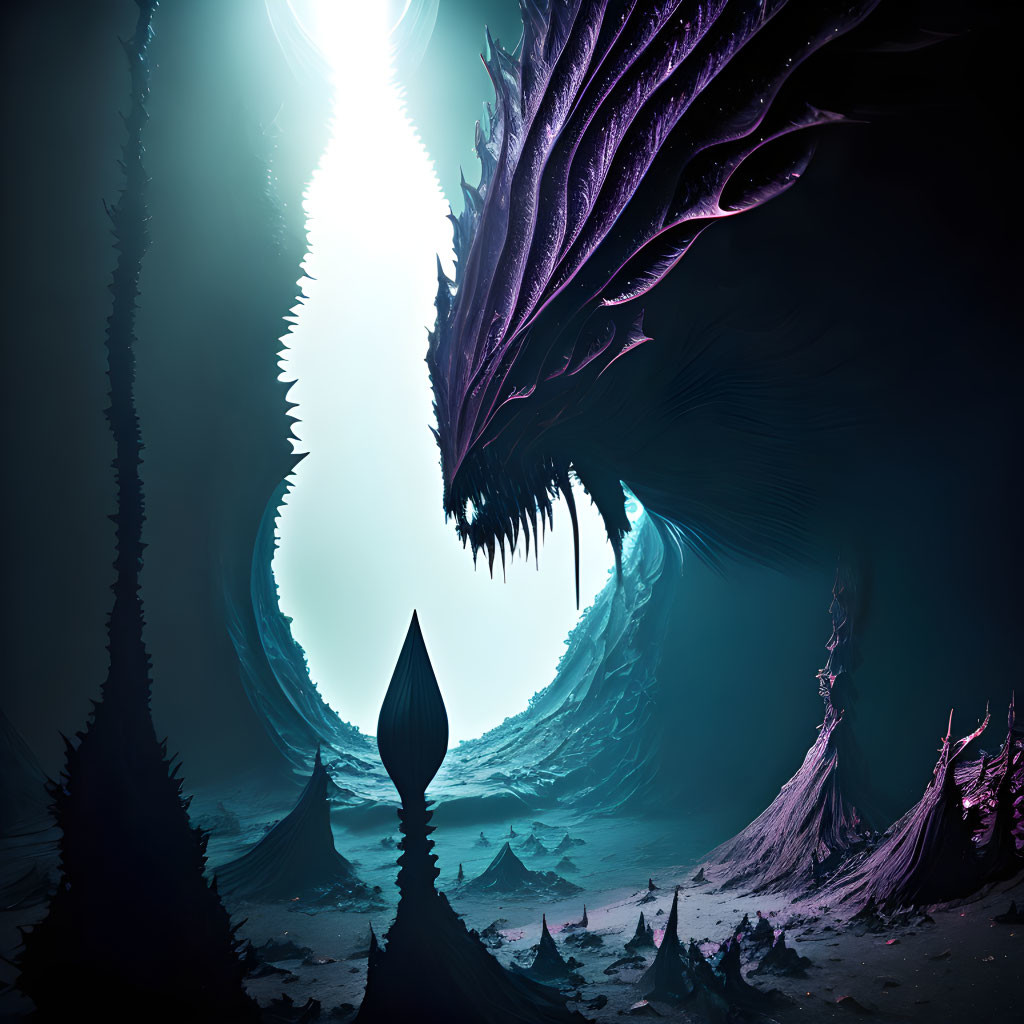 Alien landscape with dark spires, luminous crevasse, and mysterious structures