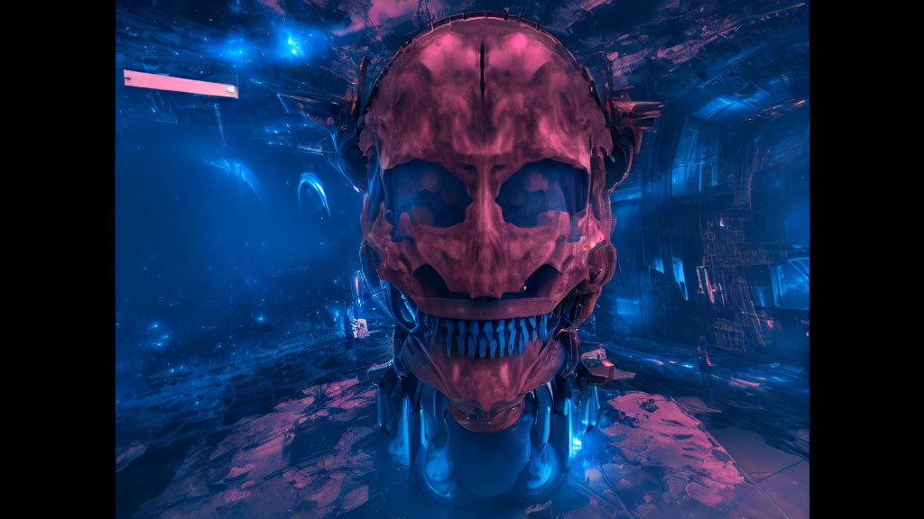 Glowing-eyed skull in futuristic neon room with cosmic backdrop