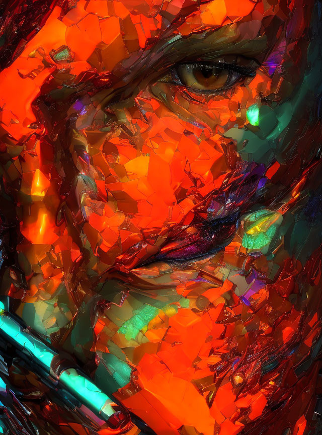 Vibrant abstract digital artwork of fragmented face with colorful eye in red and orange.