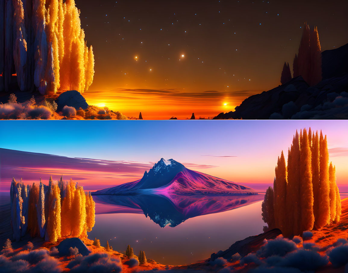 Contrasting split-scene image: fiery sunset sky meets serene twilight landscape
