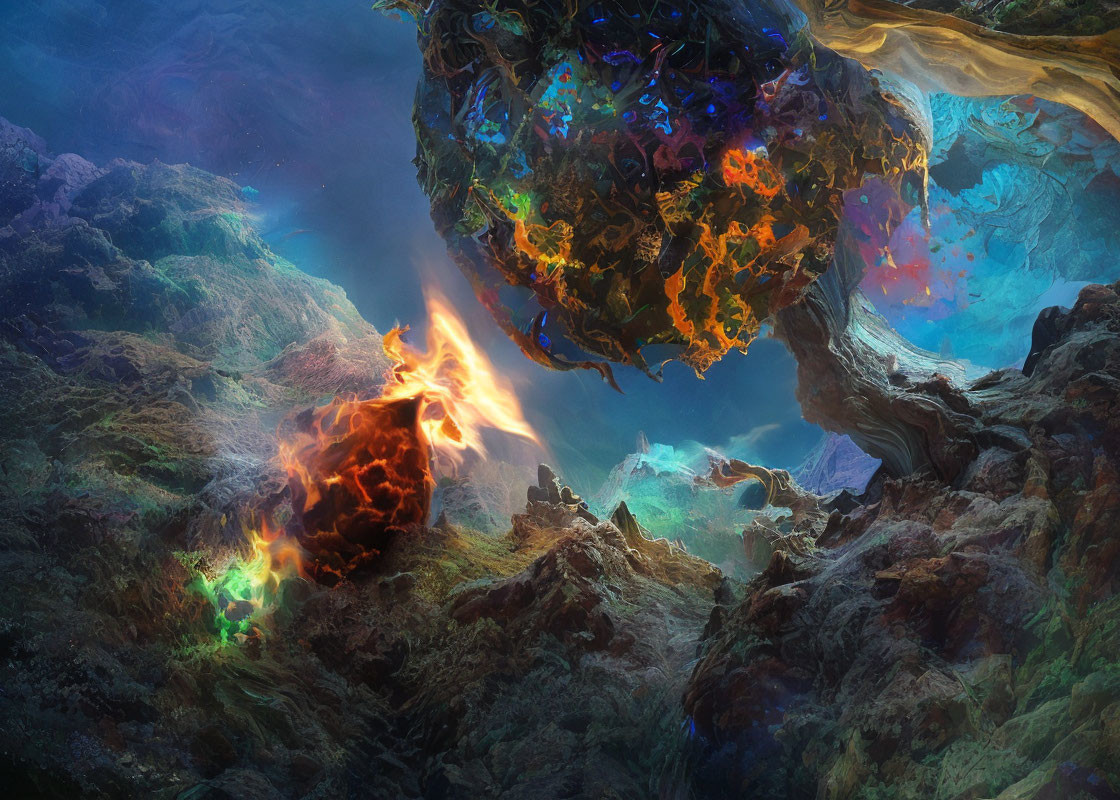 Vibrant Fantasy Landscape with Floating Rocks and Glowing Elements